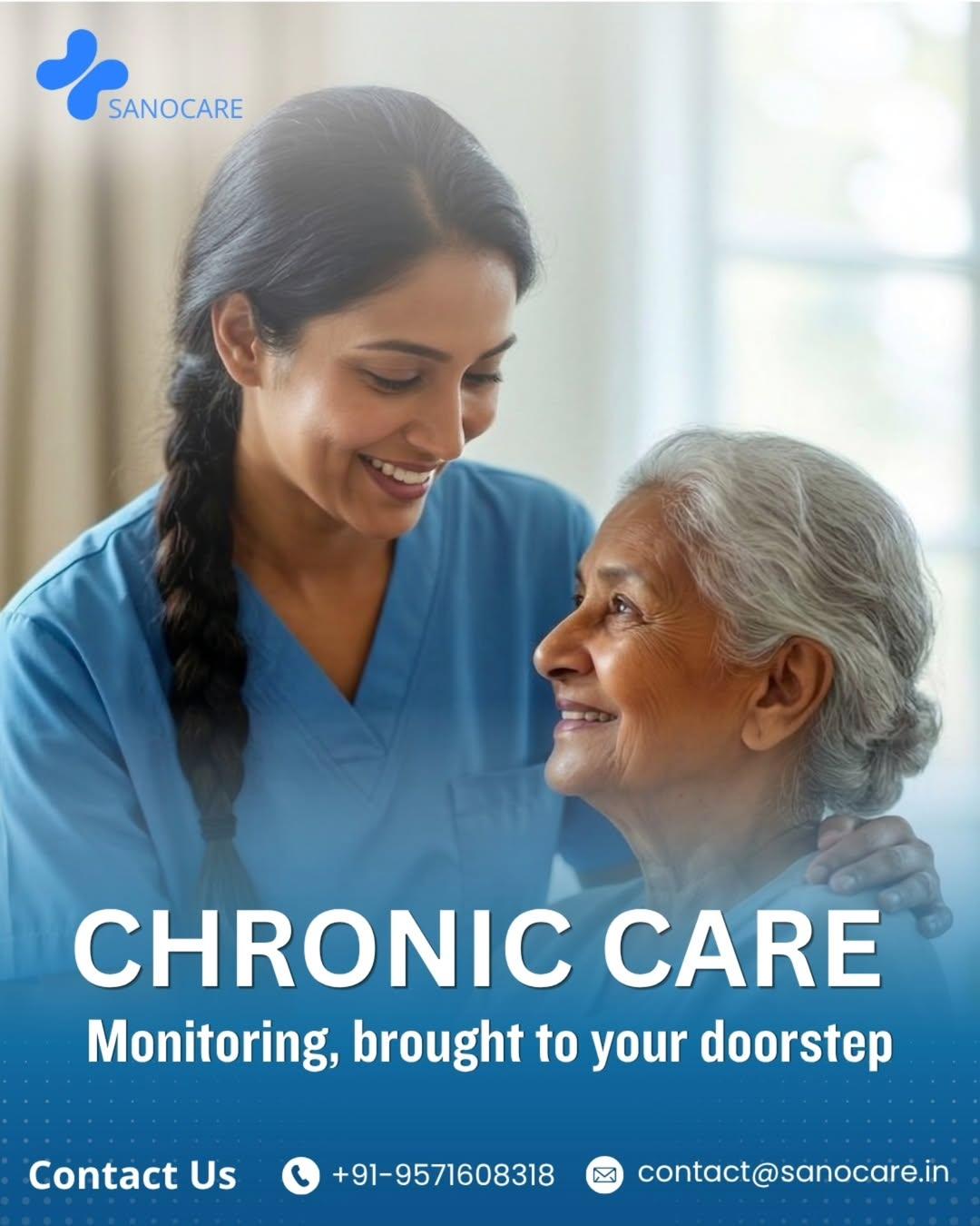 A Sanocare nurse supporting an elderly patient with chronic care monitoring